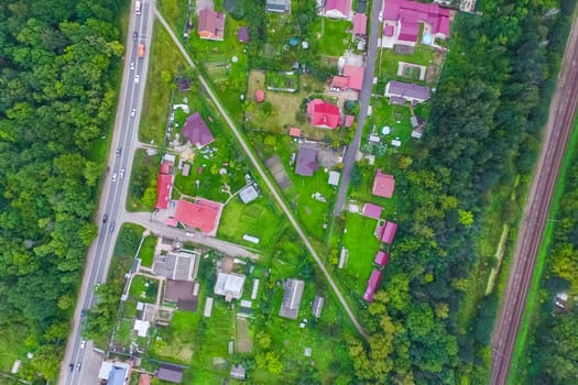 Top view of the village, fields and forests near the village