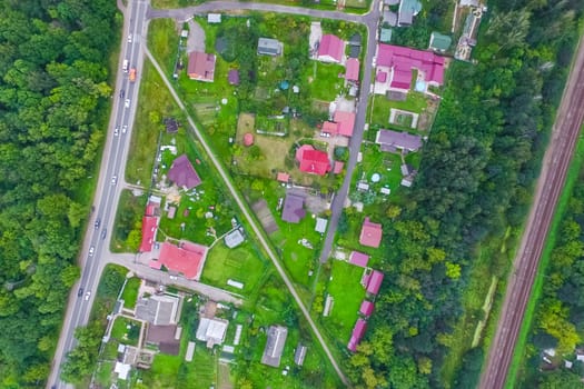 Top view of the village, fields and forests near the village