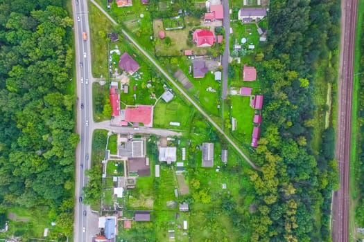 Top view of the village, fields and forests near the village