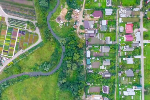 Top view of the village, fields and forests near the village
