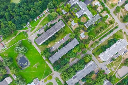 Top view of the village, fields and forests near the village