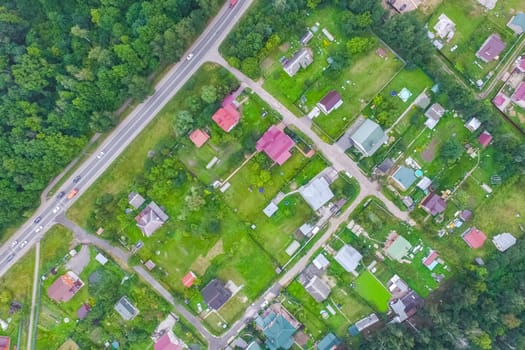 Top view of the village, fields and forests near the village
