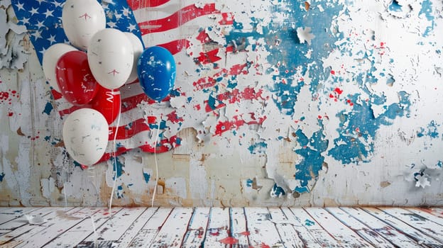 Patriotic Independence Day 4th of July. Empty abandoned room with festive balloons and USA flag on the wall with peeled paints. AI generated
