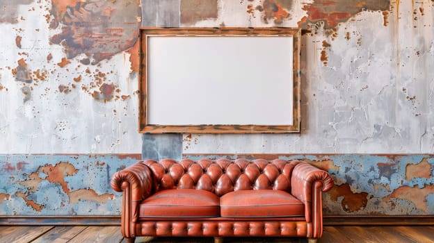 Old abandoned room with leather couch and blank picture frame hanging on wall with peeled of paint. Copy space. AI generated