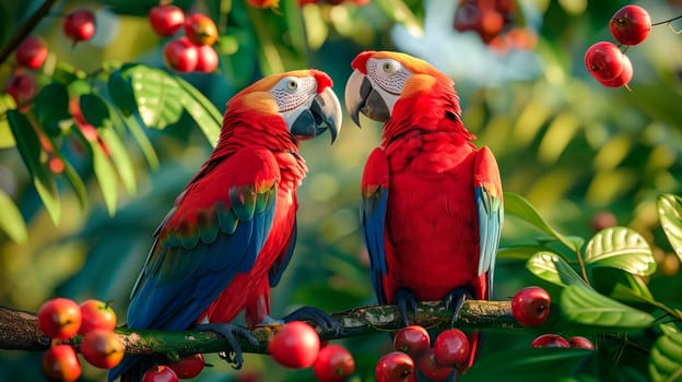 Pair of big  Macaws parrots, two birds sitting on the branch. Wildlife love scene from tropical forest nature. AI generated