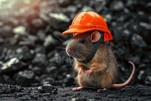 A rat wearing an orange hard hat and standing in a coal mines. Hard mining and industrial work. AI generated