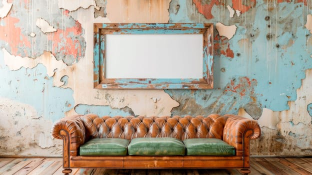 Old abandoned room with leather couch and blank picture frame hanging on wall with peeled of paint. Copy space. AI generated