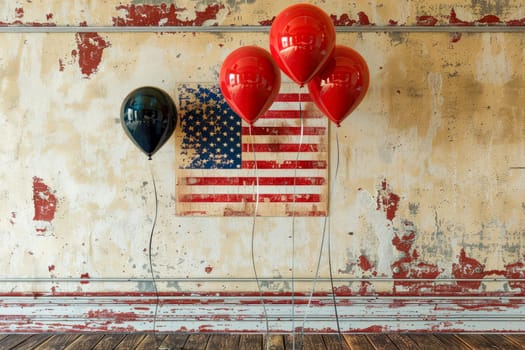 Patriotic Independence Day 4th of July. Empty abandoned room with festive balloons and USA flag on the wall with peeled off paints. AI generated