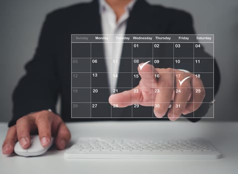 Appointment scheduler, Businessman marking dates on virtual calendar, managing his business schedule, setting reminders for important appointments, creative collage for planning ideas.