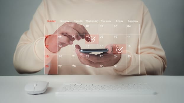 Businessman marking dates on virtual calendar, managing his business schedule, setting reminders for important appointments, creative collage for planning ideas, appointment scheduler.