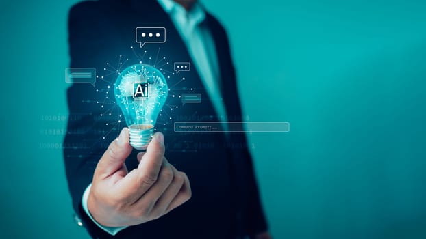 Businessman using technology smart robot AI, Ai technology, Artificial intelligence by enter command prompt for generates something, Futuristic technology transformation. Chat with AI