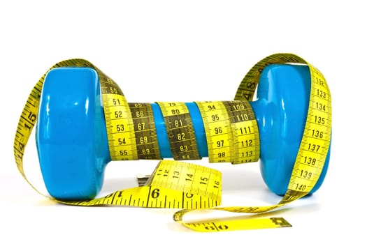 Gymnastics dumbbell and tape measure on a white background
