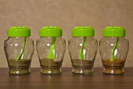 Closed glass jars kitchen storage spices