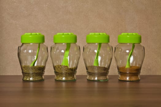 Closed glass jars kitchen storage spices
