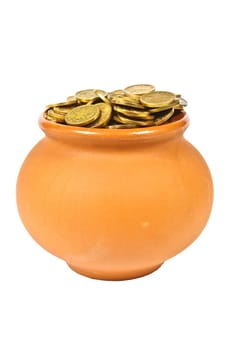 Clay pot with gold coins on a white background