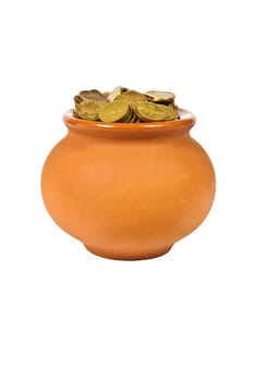 Clay pot with gold coins on a white background