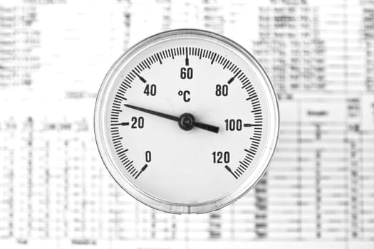 Industrial Thermometer with round analog dial with Arabic numerals