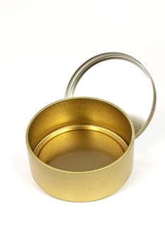 Open cylindrical metal box with its lid propped up