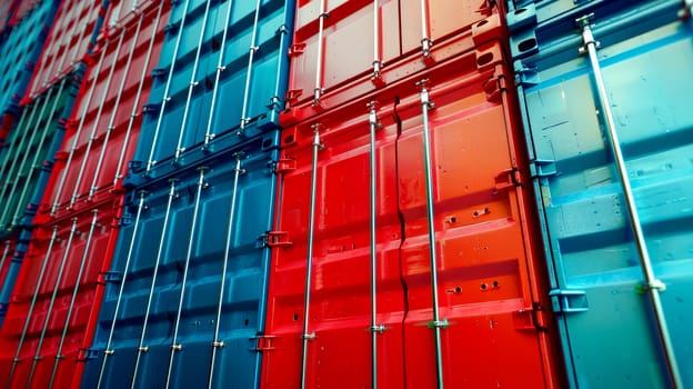 Stack of colorful containers box at sea port. Cargo freight shipping of container logistics industry concept.  AI generated