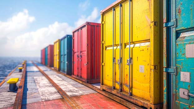Stack of colorful containers box at sea port. Cargo freight shipping of container logistics industry concept.  AI generated