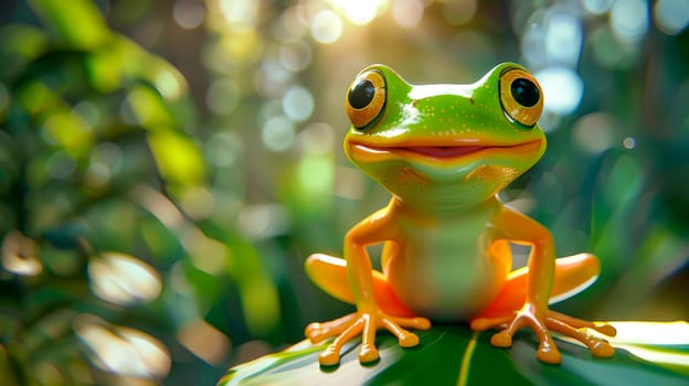 Gliding green frog in a tropical forest, look like laughing. Smiling tropical frog close-up view. AI generated