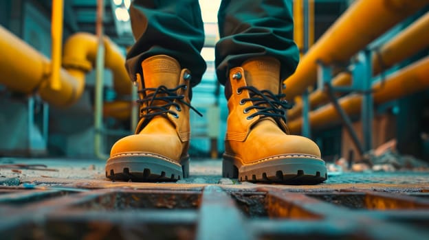 Close up feet wearing yellow leather shoes, which are safety shoes with steel inside to prevent injuries in construction site work. AI generated