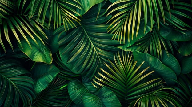 Top view of green leaf and palms background. Flat lay, dark nature concept, tropical leaf. AI generated
