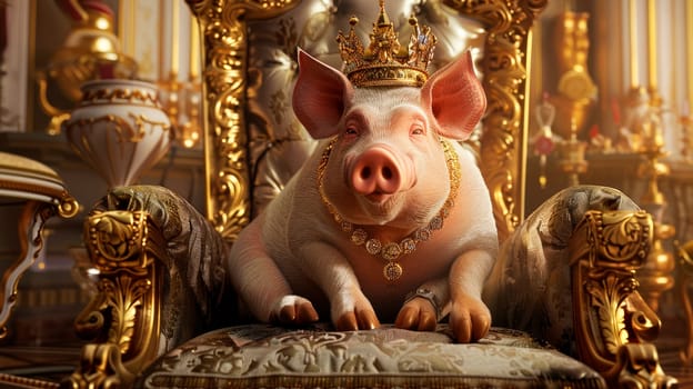 Concept for luxurious and careless life. A pig sitting elegantly on a luxurious throne.  AI generated