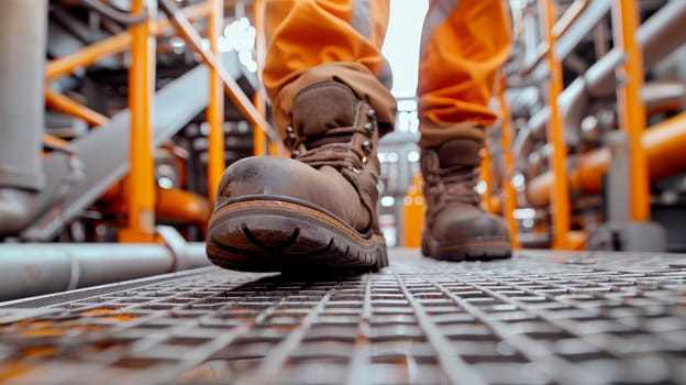 Close up feet wearing leather shoes, which are safety shoes with steel inside to prevent injuries in construction site work. AI generated
