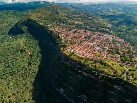 Aerial view of heritage town Barichara. Historic city in Santander department with cobbled streets and beautiful colonial architecture. The most beautiful town in Colombia.