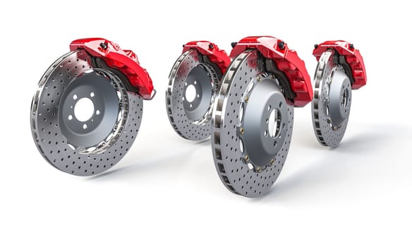 Four  ventilated brake discs red calipers white background 3d render