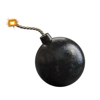 spherical black bomb burning fuse, isolated  transparent background