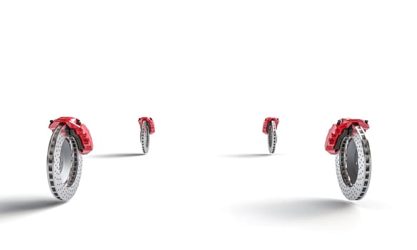Red brake calipers brake discs  white background 3d render