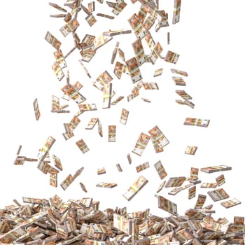 Stacks  fifty euro bills falling  collecting money  isolated background