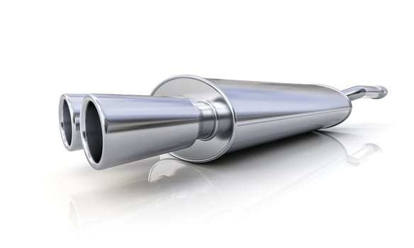Double chrome exhaust pipe car white background 3d render