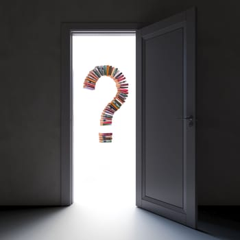Question mark made  books doorway unknown  knowledge