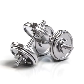 Pair  shiny chrome dumbbells white surface 3d render