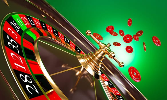 Classic casino roulette wheel spinning with red chips green background