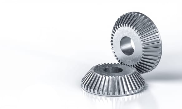 Two metal gears  interlocking  each other  white background 3d