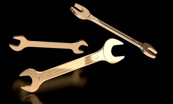 Three golden wrenches tools black background 3d render