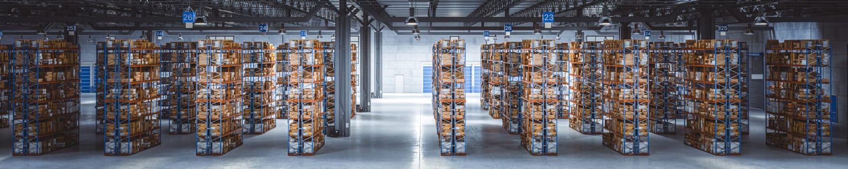 Cardboard boxes stacked  metal shelves wide distribution warehouse 3d background