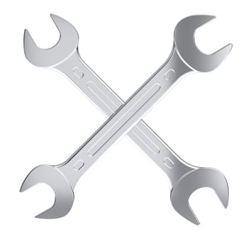 Two shiny metallic wrenches overlaid  x shape, isolated background