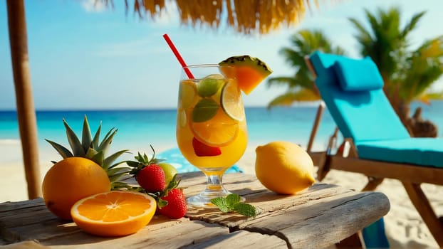 glass of refreshing drink with slices of fruit and decoration on a wooden beach table close-up, next to a sun lounger on a sandy beach, beautiful tropical beach in the background, sea, warm sunny day on a trip.