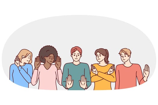 Group of multiethnic people show stop gestures not wanting to accept discrimination