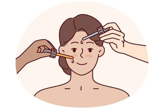 Hands with pipettes near face of woman during cosmetic procedures and lifting to get rid of wrinkles and acne. Process of applying cosmetic anti-aging collagen serum to girl face