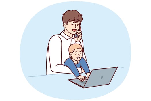 Young father freelancer with baby in arms works with laptop and makes phone call during quarantine restrictions. Father with little boy does remote work and is raising son at same time