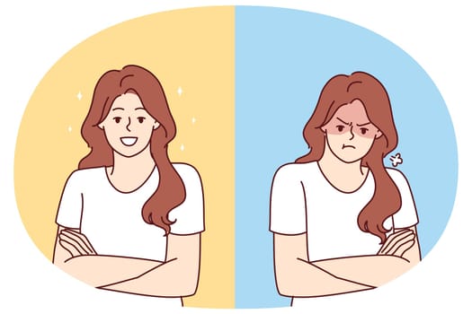 Two emotionally opposite women are sad or happy for concept of bipolar disorder affecting mood. Cheerful and unhappy girl before and after taking antidepressants or mood improving vitamin