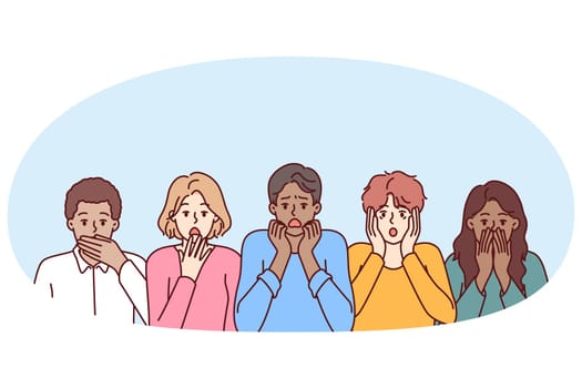 Frightened diverse people open mouths touch faces and experience shock and panic. Multiethnic frightened men and women are frightened after hearing unexpected news about problems in economy