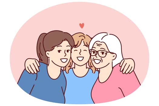 Family portrait of three female generations with teenage girl lovingly hugging mother and grandmother. Happy women of different generations spend time together enjoying family vacation