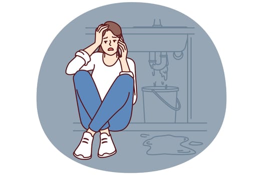 Woman sits near leaking sink making call to plumber to repair broken pipeline. Frightened girl calls sink repairman or emergency service to clean up consequences of flood in bathroom or in kitchen